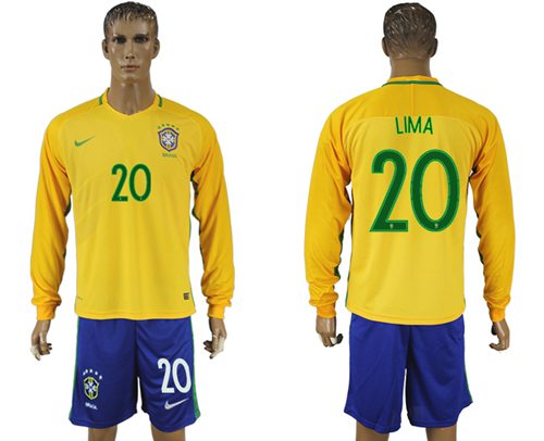 Brazil #20 Lima Home Long Sleeves Soccer Country Jersey - Click Image to Close